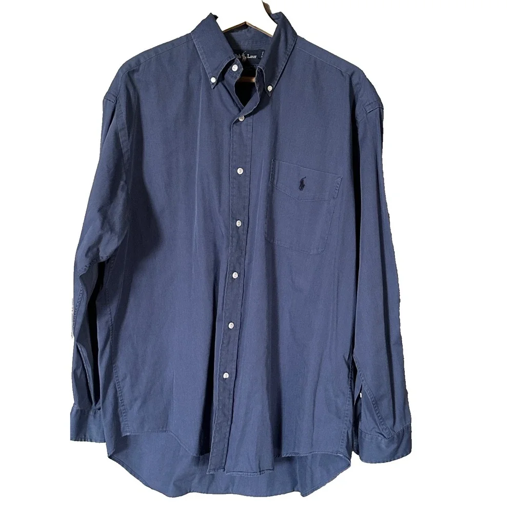 VTG 90s Ralph Lauren The Big Shirt Mens LT Blue Polo Pocket Pony Button Up XL
